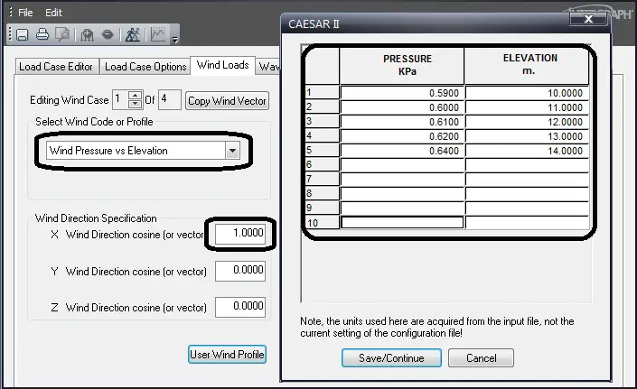 Load Case Editor showing input of pressure vs elevation profile
