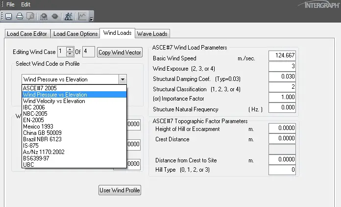 Load Case Editor showing Wind Pressure Vs Elevation